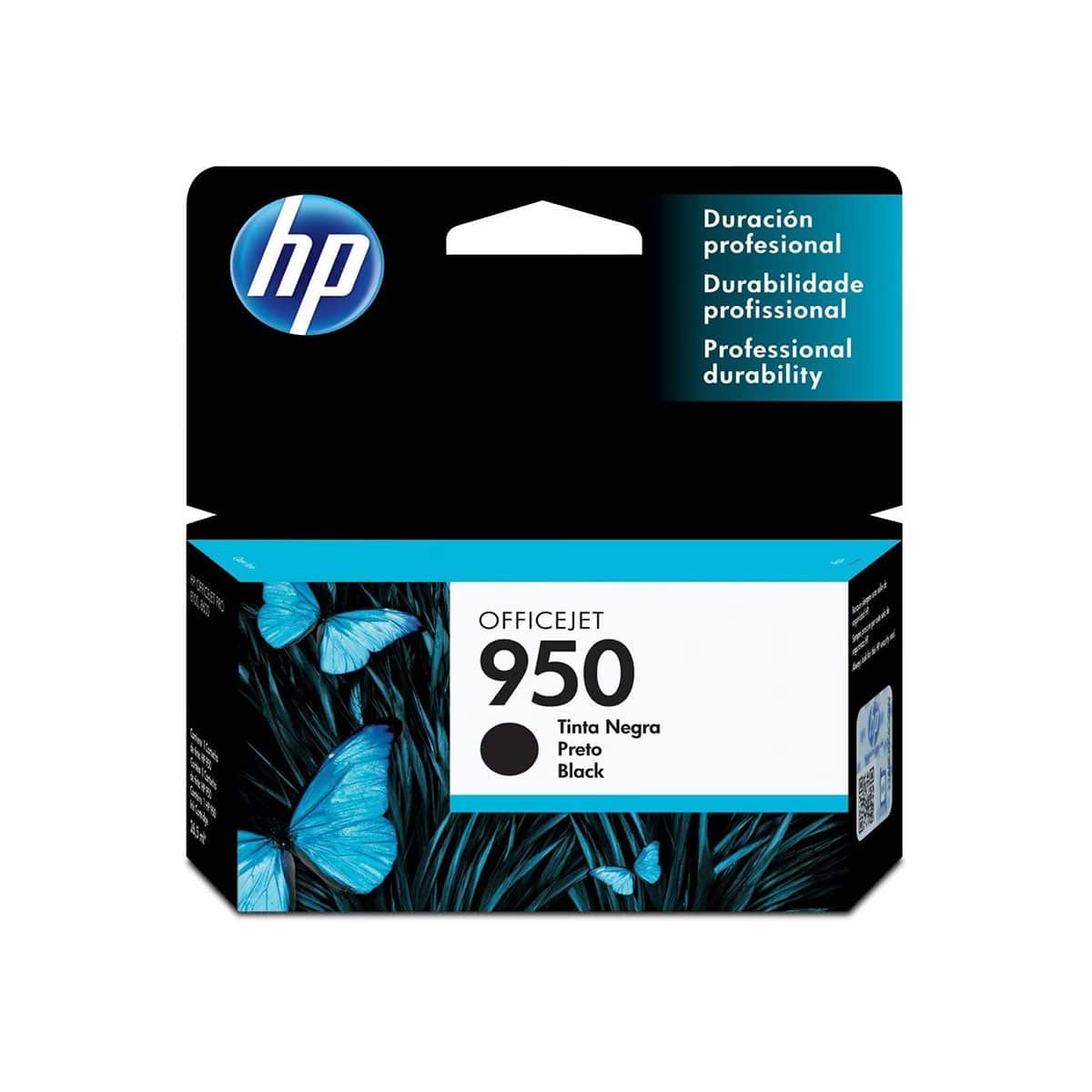 Tinta original HP 950 negra junto a una impresora HP Officejet Pro para mostrar su compatibilidad.