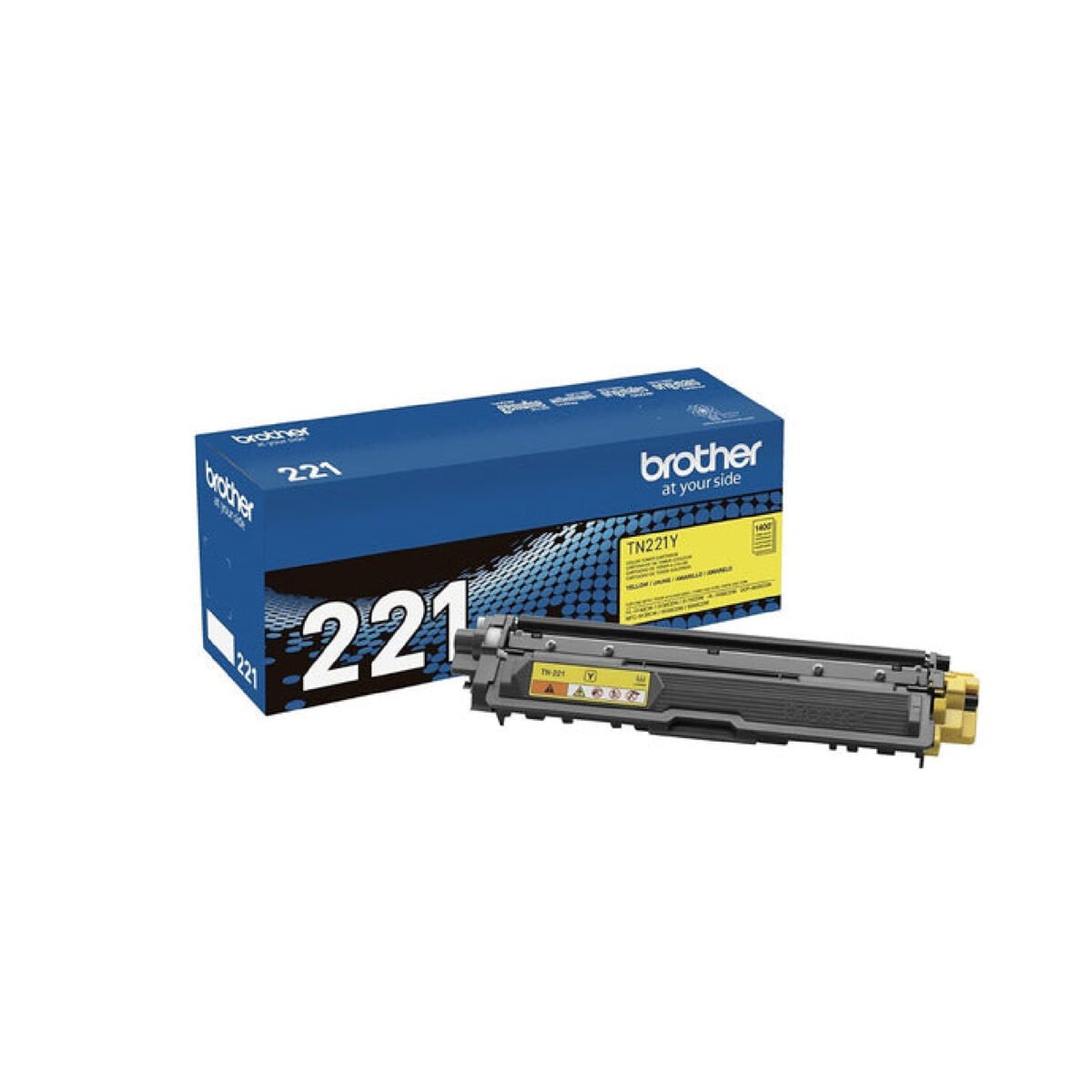 Caja del tóner Brother TN-221 amarillo original, mostrando el empaque y el código de producto TN221Y.