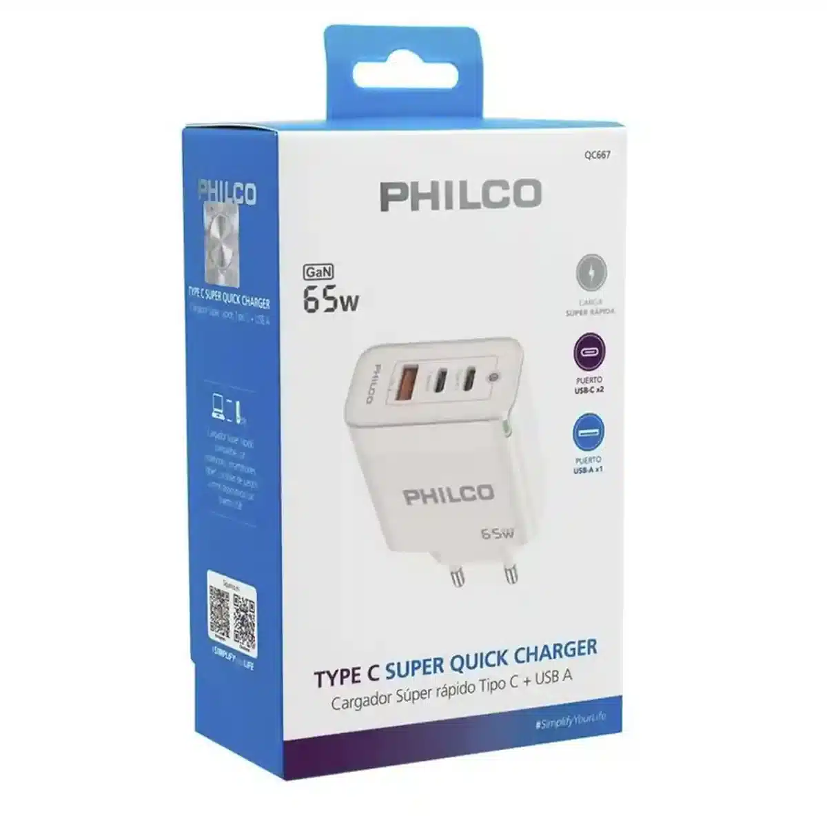 foto caja Cargador Súper Rápido 65W Philco USB-C Notebook y Celulares