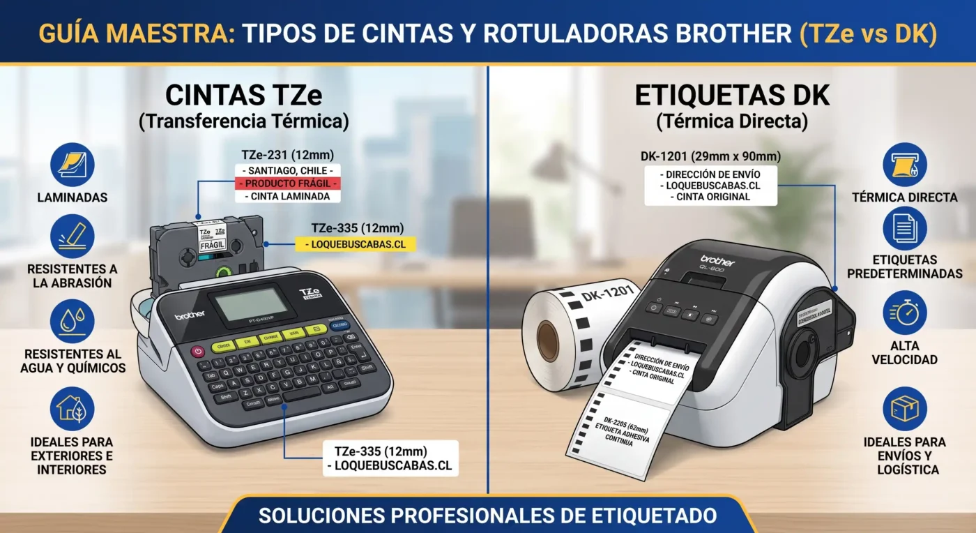Infografía comparativa definitiva de Brother: Guía Maestra que muestra las diferencias entre cintas TZe lamiendas y etiquetas DK térmicas directas, con ejemplos de uso en Santiago, Chile y Lo Que Buscabas.