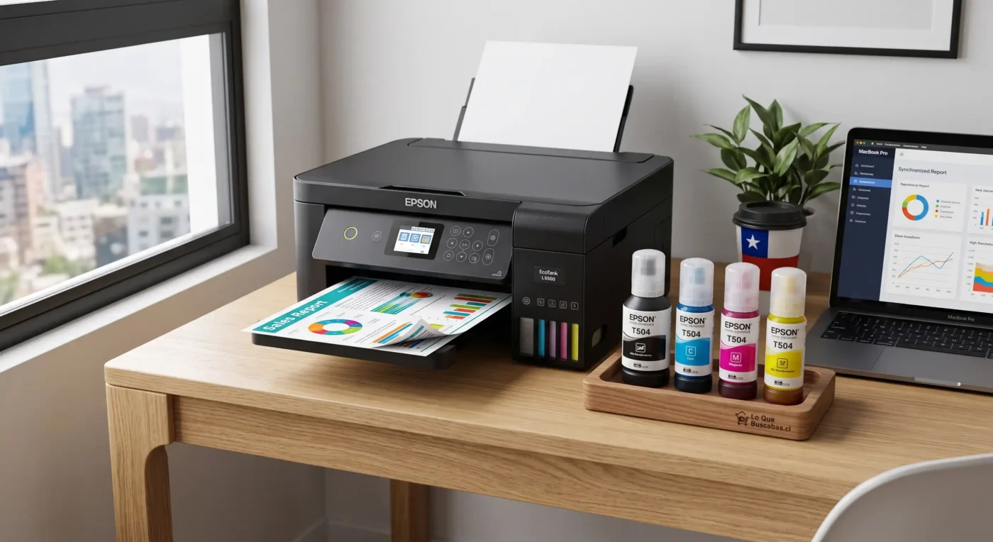 Fotografía de estilo de vida de una oficina productiva en Santiago con la Impresora Epson EcoTank L4260 y un kit de Tintas T504 Originales imprimiendo un reporte de alta calidad. Lo Que Buscabas Chile.