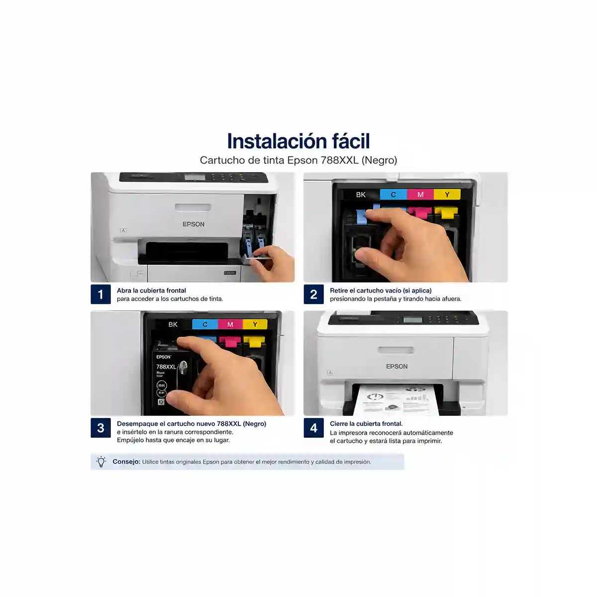 Instalación de cartucho Epson 788XXL negro original en impresora Epson WorkForce Pro WF-5190 WF-5110 WF-5620 WF-5690